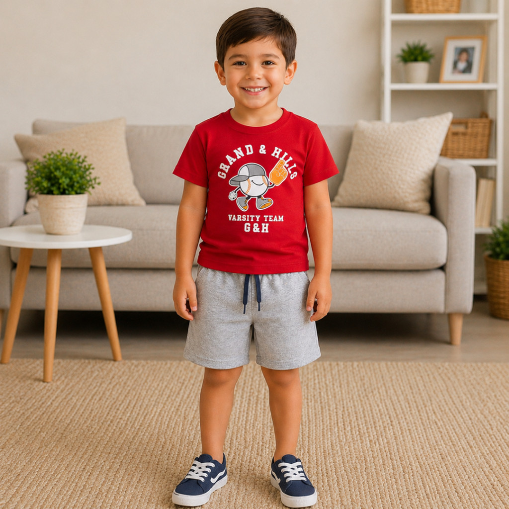 Conjunto Infantil Menino | Camiseta em Malha Algodão Com Estampa Frontal e Bermuda em Moletinho C/Cadarço Fake