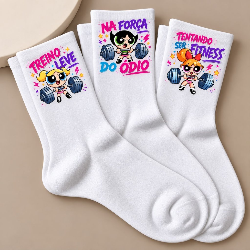 Kit 3 Meias Femininas Fitness Estampa Tendência do Momento Super Poderosas Brancas Confortáveis Algodão Premium Moderna