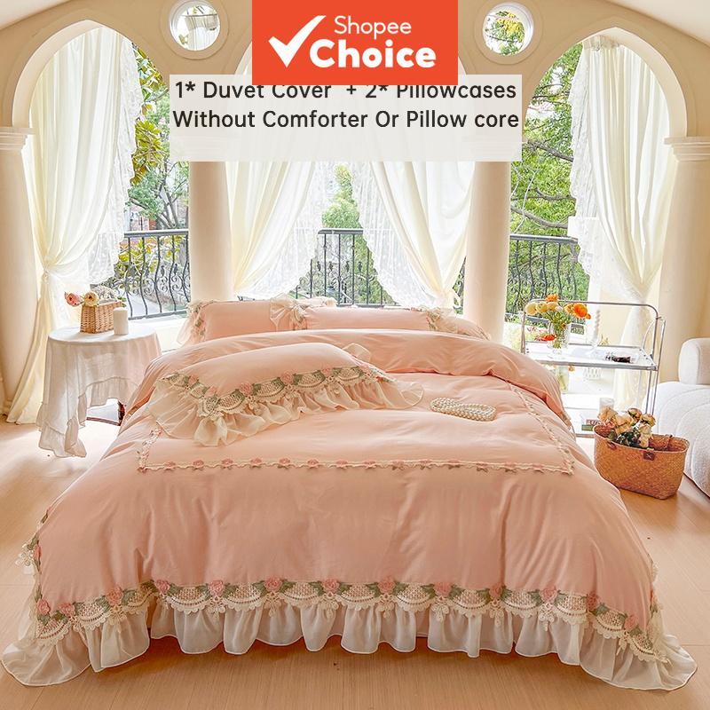 Conjunto de Cama 3 Peças Princesa Renda, Capa de Edredom Rosa Babado Floral, 100% Poliéster, Sem Enchimento Miolo