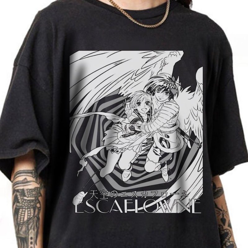 Camiseta Unissex Premium de Algodão Estampa Anime Escaflowne Preta Estilo Retro Casual para Uso Diário e Passeio