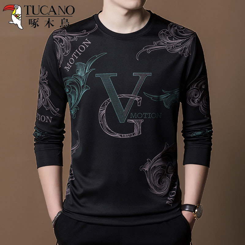 Woodpecker primavera outono novo estilo de manga comprida camiseta masculina fina moletom médio-