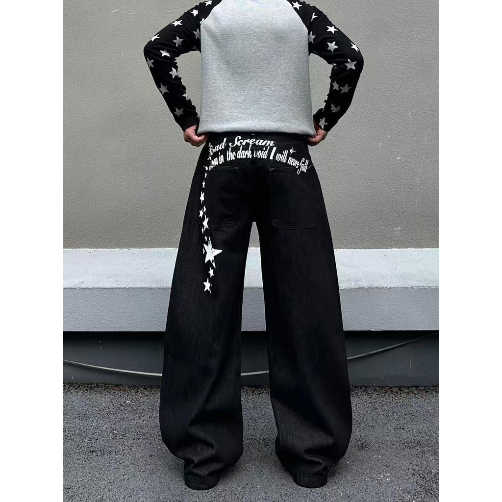 Americano Retro estrela Slogan impresso Machete Jeans masculino feminino outono inverno solto em linha reta perna larga 