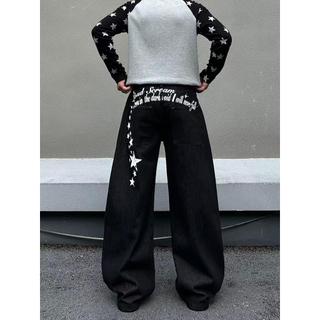 Americano Retro estrela Slogan impresso Machete Jeans masculino feminino outono inverno solto em linha reta perna larga 