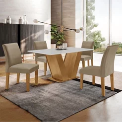 Conjunto Sala de Jantar Mesa 4 Cadeiras Tampo de MDF Espanha Yescasa Marrom Cinamomo/Off White/Bege Ype/Off White/Veludo