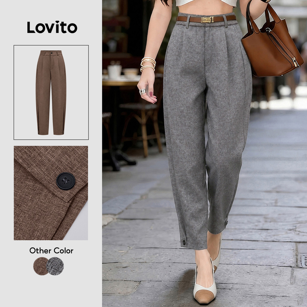 Lovito Calça Elegante Retrô Anos 90 Com Botões E Pregas Cinza Para Mulheres PTK9P1D284