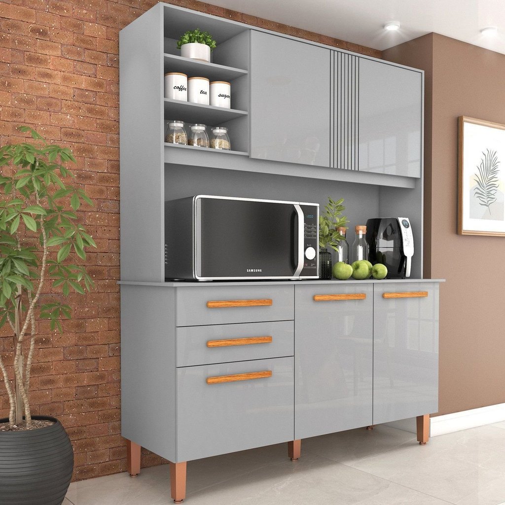 Armário de Cozinha 5 Portas 2 Gavetas 120cm Adelle Yescasa Cinza