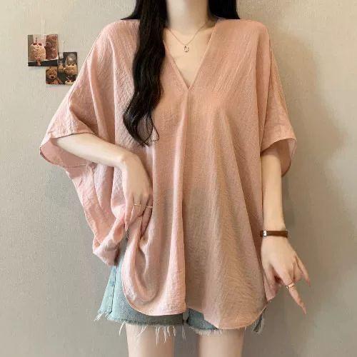 Tamanho grande com decote em V Bat manga curta camiseta feminina 100-150kg verão novo estilo gordura MM capa solta barri