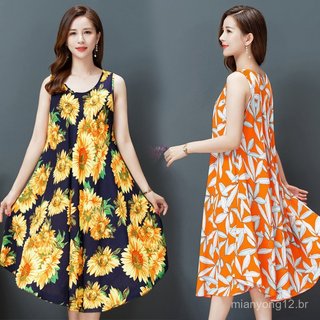 Tamanho grande algodão seda colete vestido verão novo estilo estilo étnico roupas femininas literária Retro impressão se
