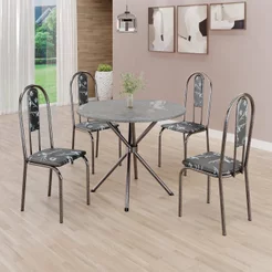 Conjunto Sala de Jantar Mesa Redonda 70cm Tampo Granito Topázio 4 Cadeiras Linda Yescasa Prata/Preto Floral Preto