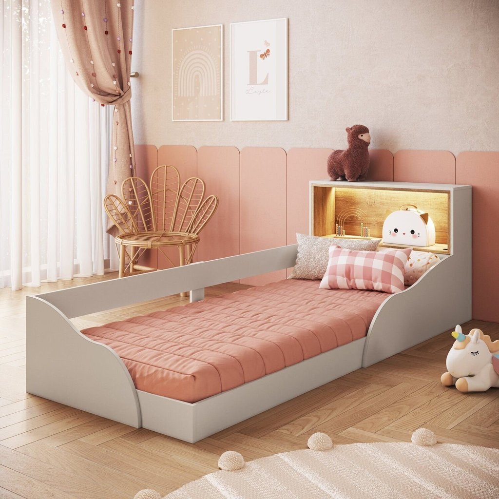 Cama Montessoriana Infantil com Protetor e Iluminação em LED Lille Bege/Arenas Solteiro