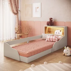 Cama Montessoriana Infantil com Protetor e Iluminação em LED Lille Bege/Arenas Solteiro