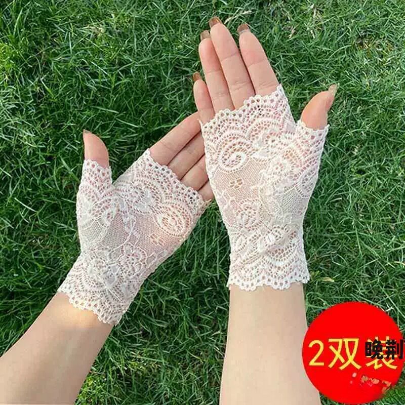 Luvas leves de renda meio dedo luvas protetor solar feminino elástico outono estilo fino condução equitação Anti-ultravi