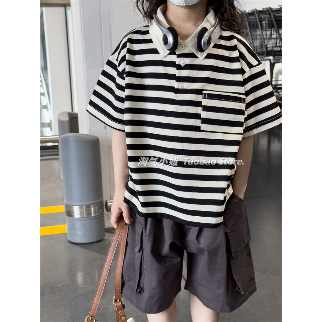 Impertinente menina meninos meninas camiseta de manga curta 2025 verão novo estilo versão coreana crianças moda listrado