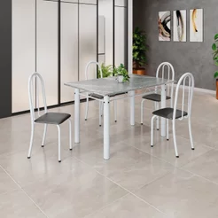 Conjunto de Mesa Tubular 120x75cm Tampo em Granito Topázio com 4 Cadeiras Iris Branco/Preto