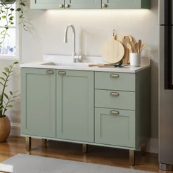 Balcão para Cozinha 2 Portas 3 Gavetas Provençais sem Tampo Iluminata Verde/Mint Verde Mint