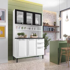 Cozinha Compacta em Aço 6 Portas 2 Gavetas com Bancada e Vidro 120cm Pratika Itatiaia Branco/Preto Branco/Preto