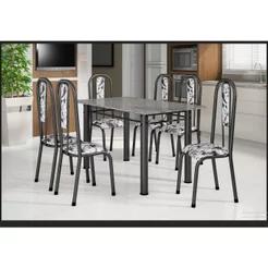 Conjunto Mesa Tubular com 6 Cadeiras Atenas Prata/Tubos Martelado/Estofados Fundo Branco/Flo