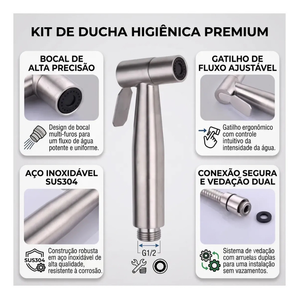Ducha Higiênica Aço Inox com Mangueira 1,2m Gatilho Manual e Suporte de Parede Preta ou Escovada — imagem 2 de 2