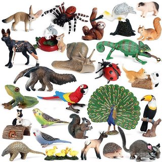Animais selvagens em miniatura: pavão, papagaio, esquilo, coelho, gato, caracol; modelos, bonecos, miniaturas decorativa