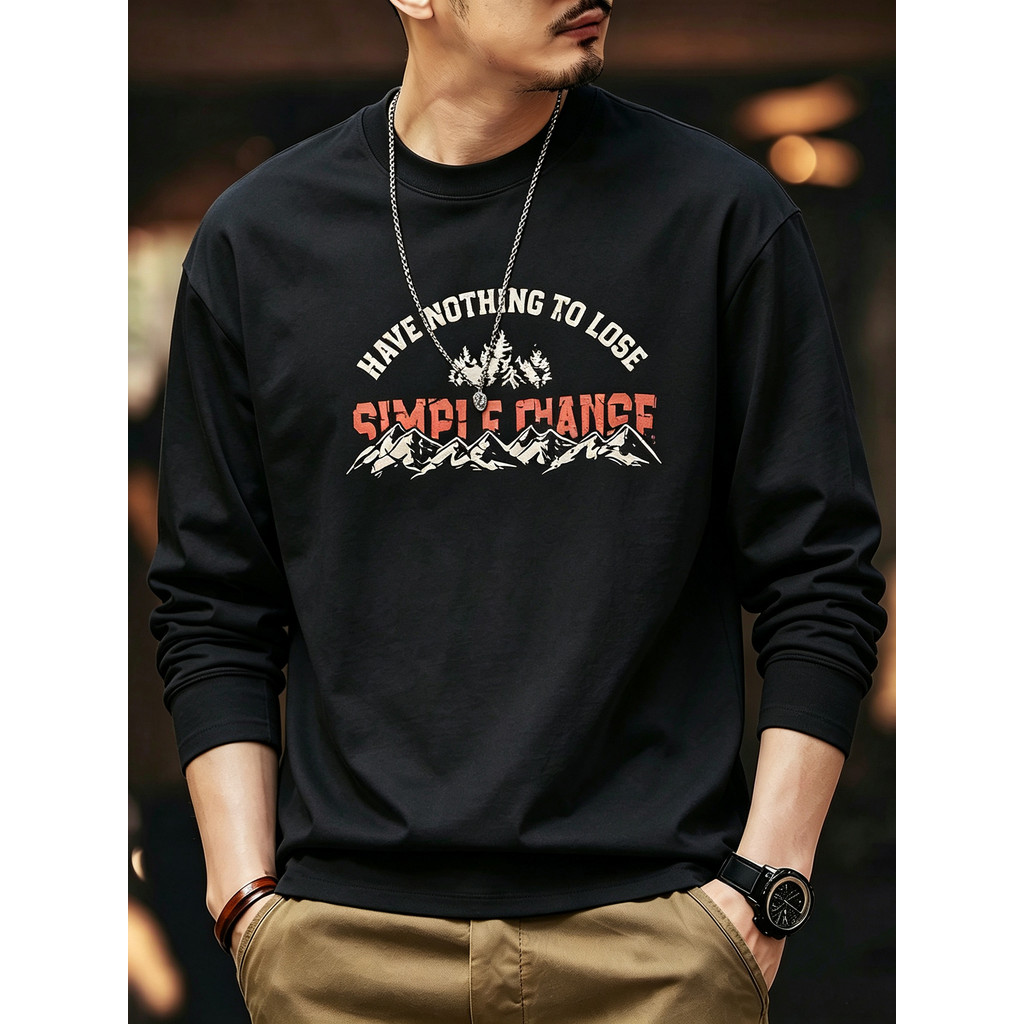Americano Retro de manga comprida camiseta masculina de algodão pesado camisa de fundo na moda carta solta impressa prim