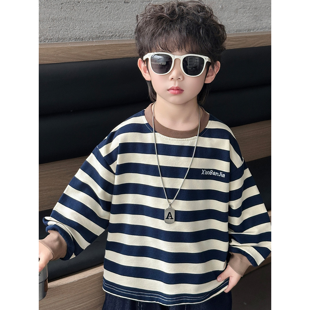 Meninos de manga comprida camiseta outono versão coreana crianças listrado topo 2026 novo estilo bebê menino primavera o