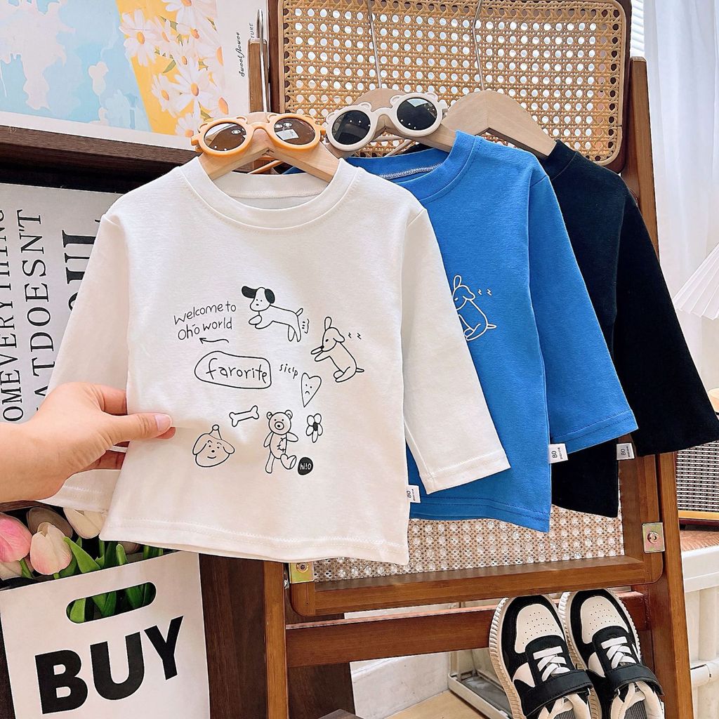 Camiseta infantil de algodão puro de manga comprida primavera outono estampa de desenho animado