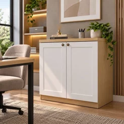 Armário para Escritório Baixo 2 Portas Branco 100% MDF Savana/Branco