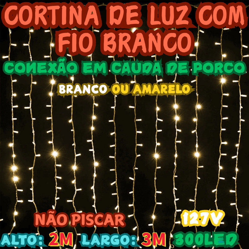 Cortina De Luz 3m x 2m 127V Chibrali Com Branco Fixo Não Piscar Conexão Em Cauda De Porco