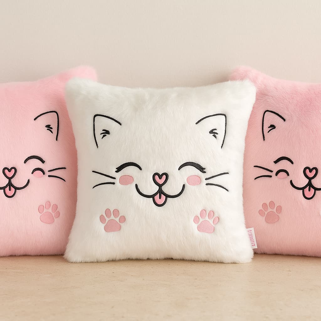 Almofada  + Capa Decorativa Gatinho Kawaii – Super Fofa e Macia Pelo Alta