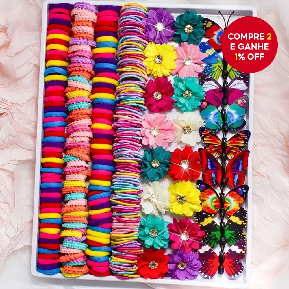  Conjunto de 231 acessórios para cabelos, presilhas florais e grampos de borboleta, elásticos de cabelo coloridos para