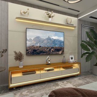 Rack com Painel para Tv até 90 Polegadas Led 3 Gavetas com Rodízios 220cm Royal/requinte 100% MDF Off White/Naturalle em Oferta na Shopee