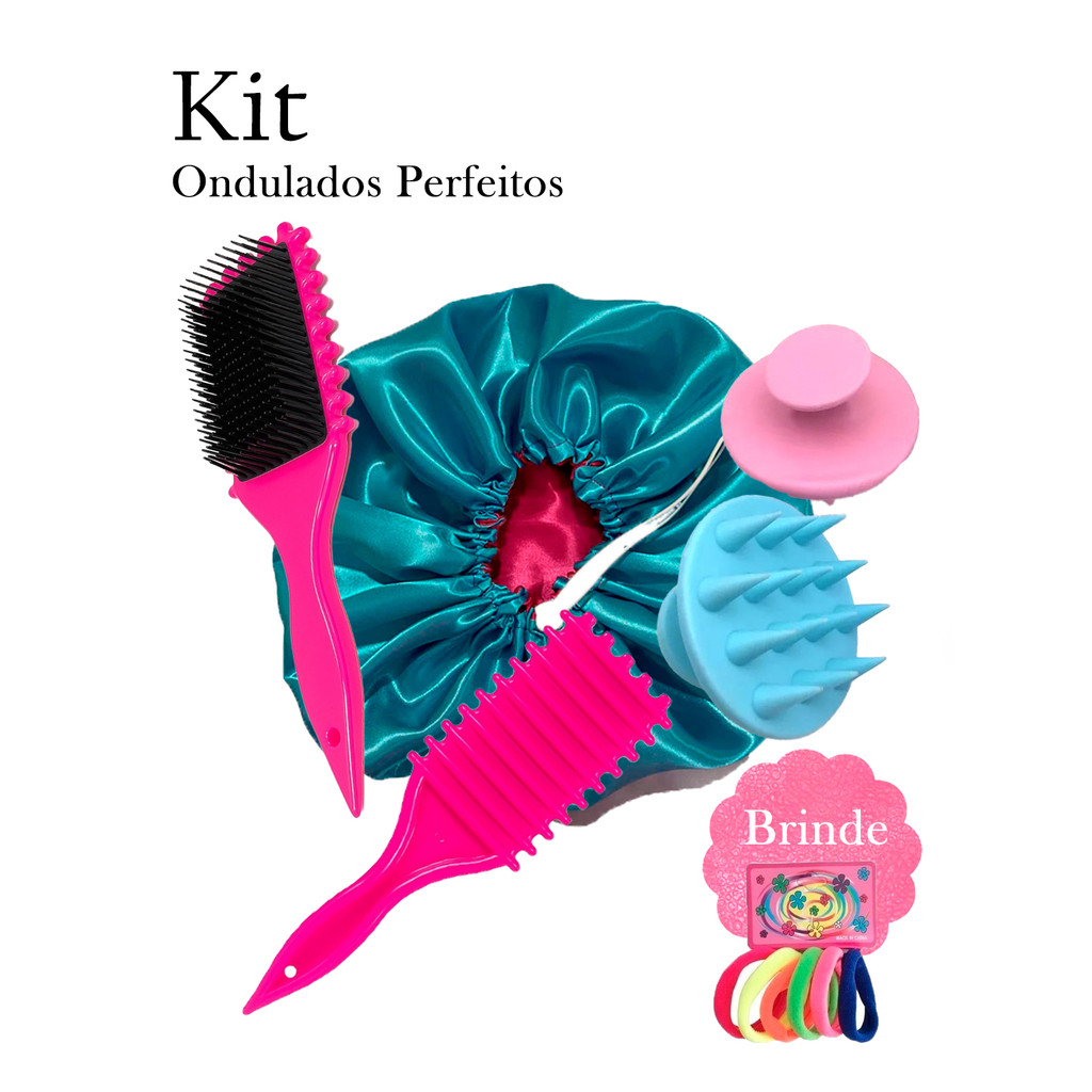 Kit Escovas de Cabelo Onda Finalizadora de Cachos + Escova Shampoo e 2 Toucas de Cetim Dupla Face