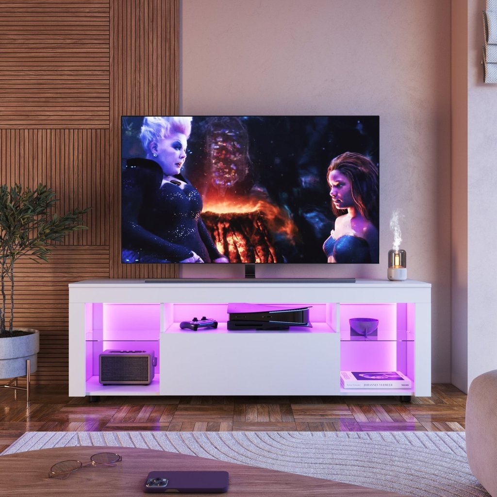 Rack para Tv até 60 Polegadas Estilo Gamer 1 Gaveta 2 Prateleiras em Vidro e Iluminação em Led Yesca Branco em Oferta na Shopee