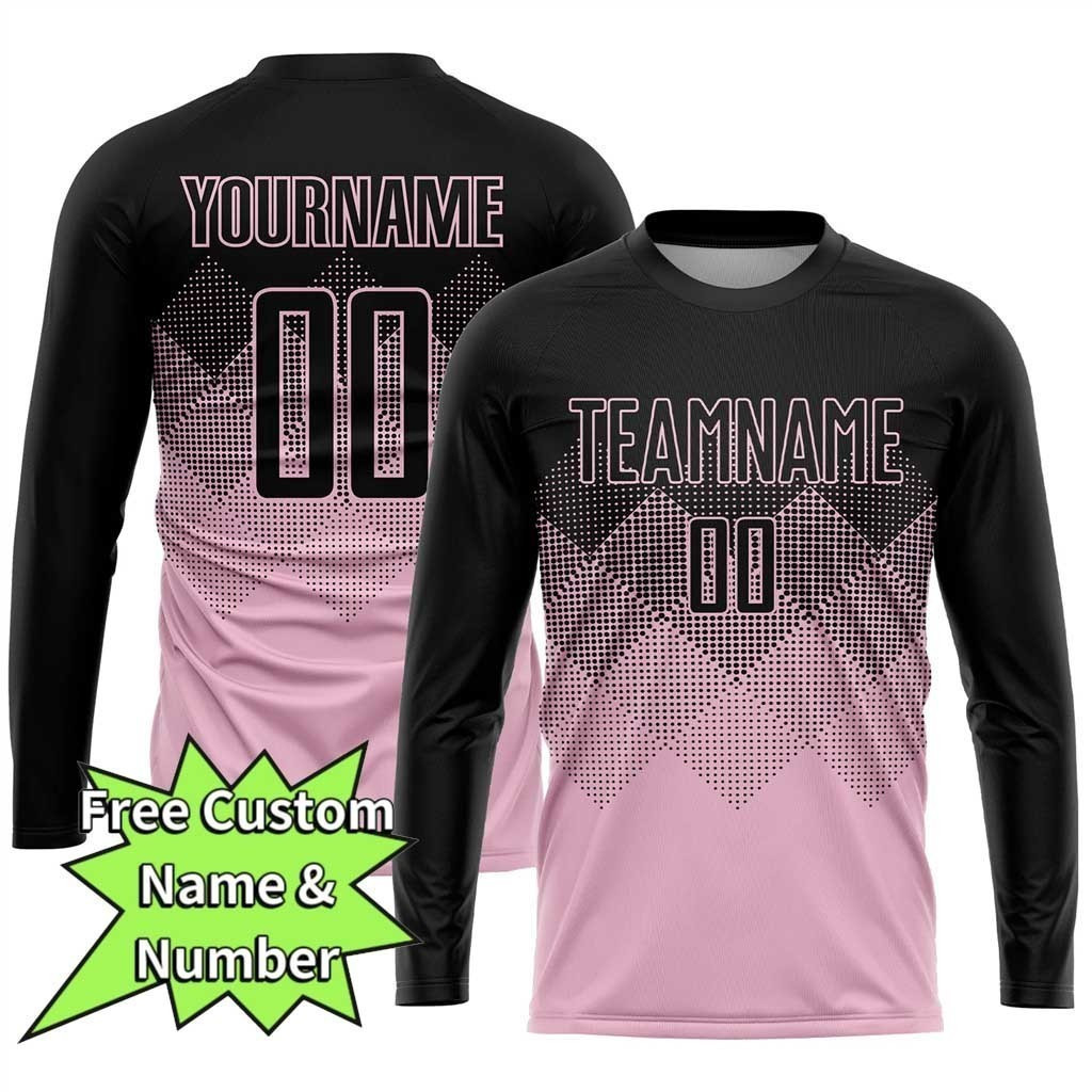 Nome E Número Personalizados Gratuitos , Camisa De Uniforme De Futebol De Sublimação Preta Rosa Claro Personalizada