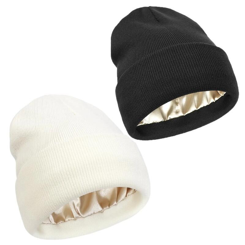 Gorro Antiestático Forrado De Cetim Unissex Para Mulheres , Forro De Seda De Inverno , Desleixado , Quente , Com Punho ,
