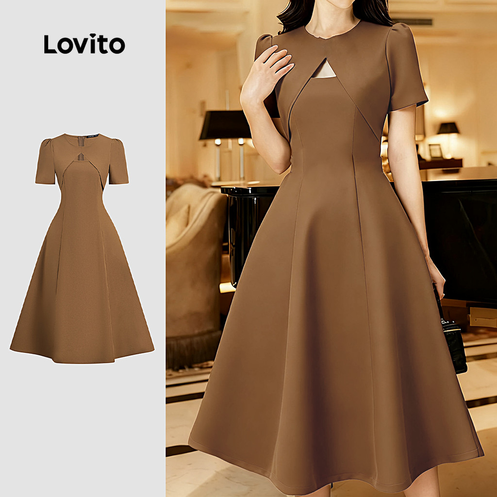 Lovito Vestido Elegante com Zíper para Primavera/verão Vestido Marrom para Mulheres L154ED242 em Oferta na Shopee