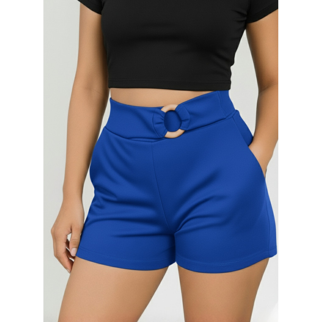 Short feminino com fivela de argola cintura alta