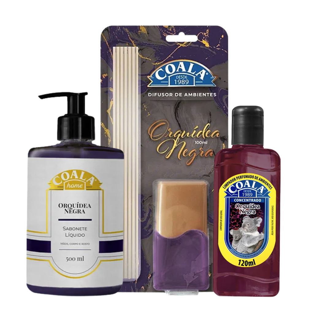 KIT COALA ORQUÍDEA NEGRA LIMPADOR 120ML + DIFUSOR DE AROMAS 100ML + SABONETE LÍQUIDO 500ML em Oferta na Shopee