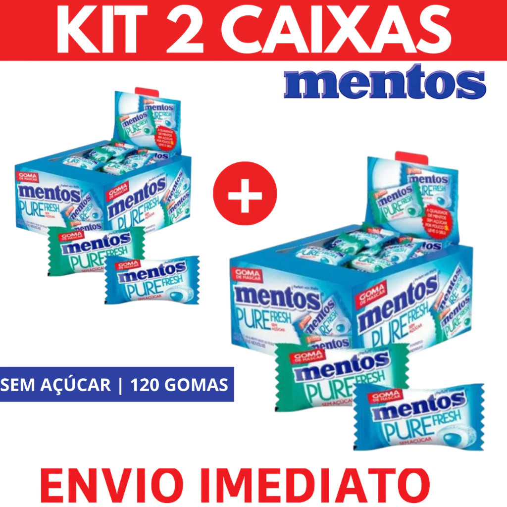 Chiclete Mentos Pure Fresh Kit 2 Caixas (120 Gomas) Sem Açúcar | Envio Imediato em Oferta na Shopee