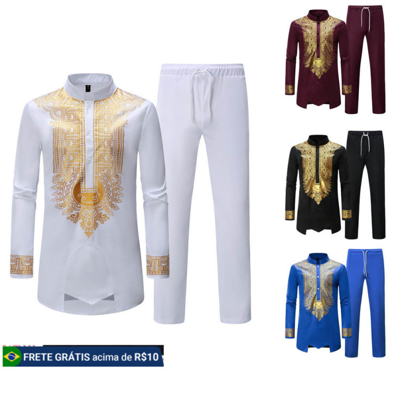 42741 Conjunto de 2 Peças Estilo Africano Tradicional para Casamento Masculino Estampa Metálica Dashiki Agbada Terno de