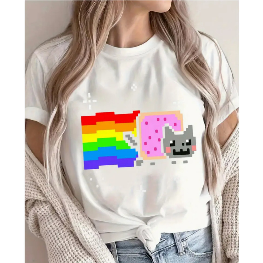 Bonito ‌Camiseta Feminina Casual Com Estampa Nyan Cat Apocalypse Manga Curta Estilo Hippie Gótico — imagem 2 de 2