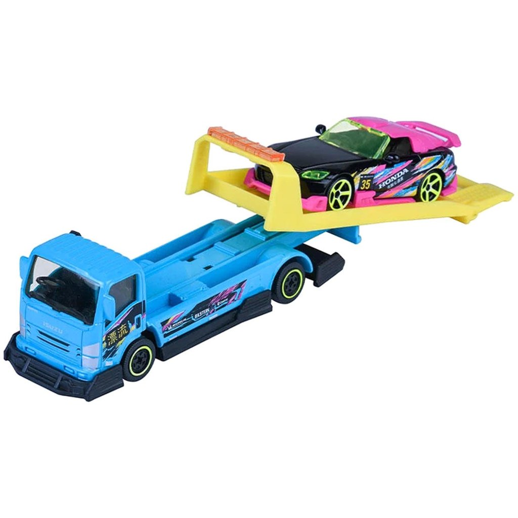 Miniatura - 1:64 - Honda S2000 e Isuzu NPR - JDM Legends Trailer - Majorette 8504103000