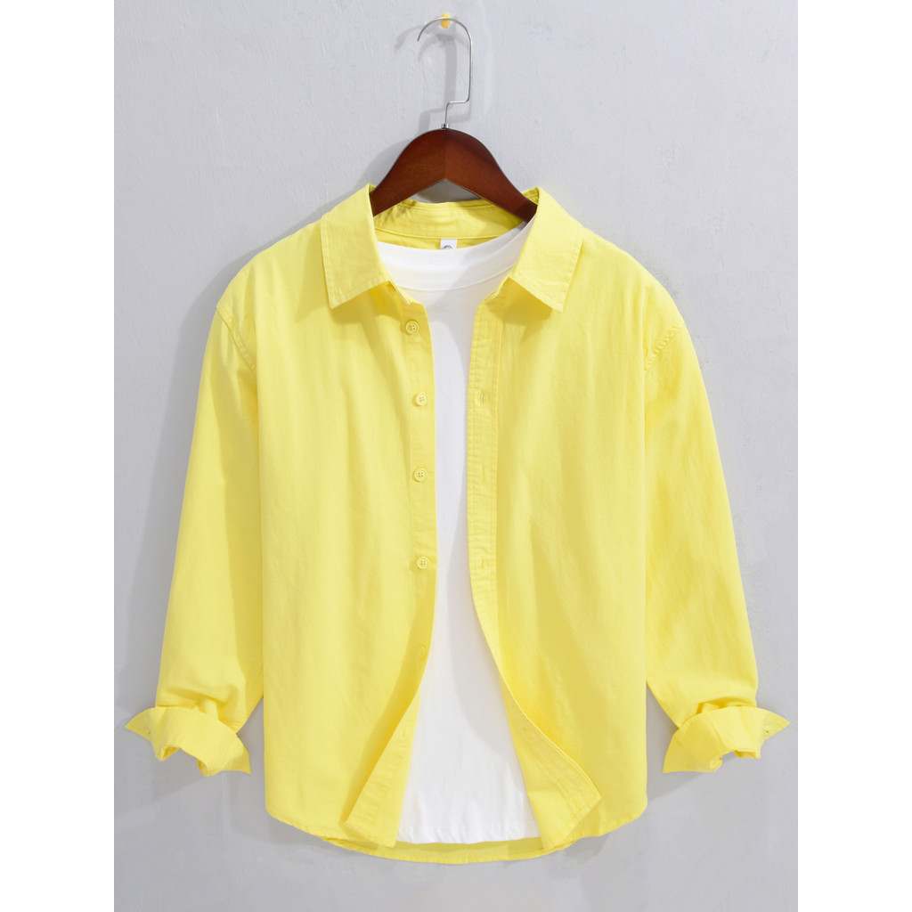 Dopamina amarelo algodão camisa de manga comprida masculina simples All-Match camisa reduzindo a idade única cor sólida 