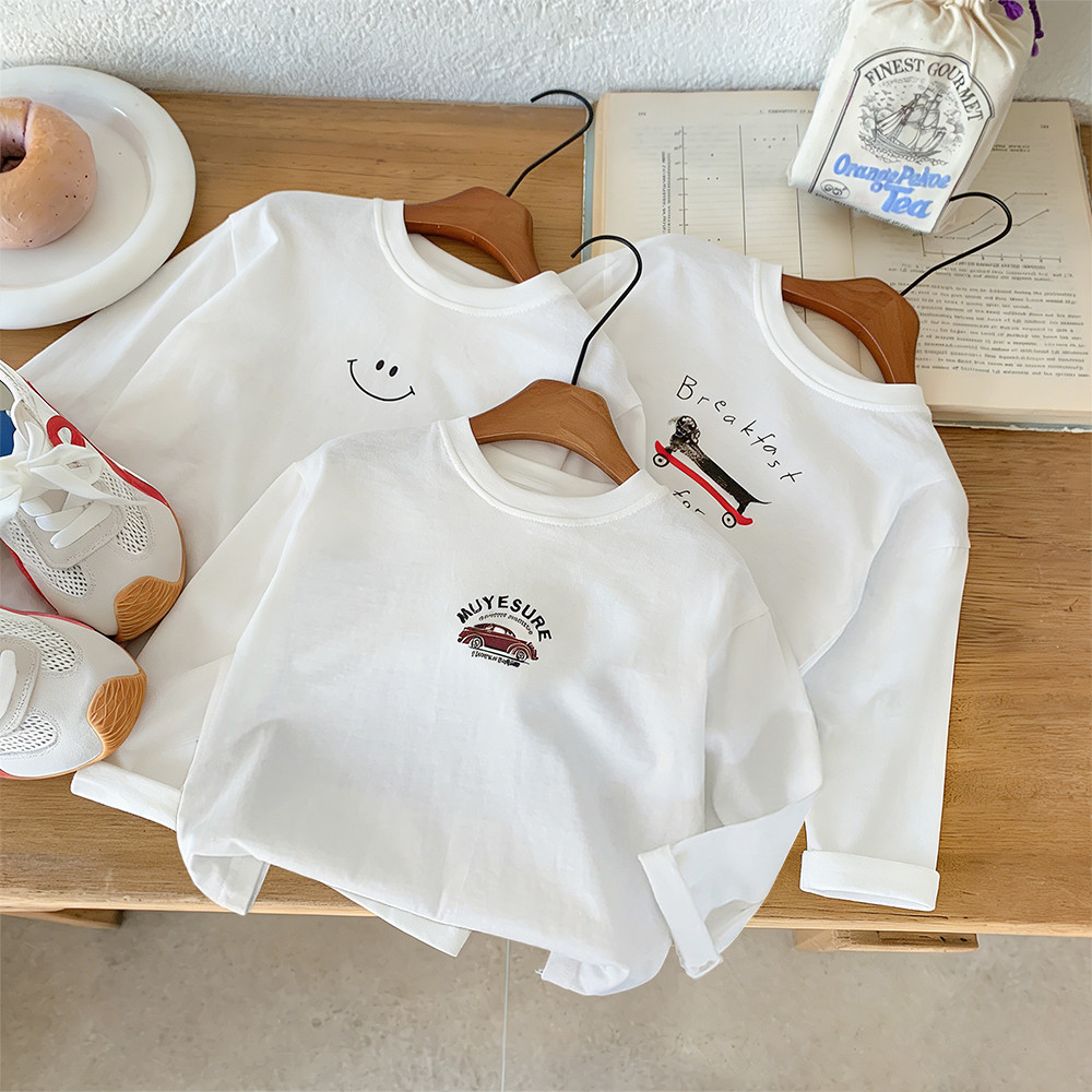 Crianças camiseta branca bebê primavera outono solto em torno do pescoço de manga comprida topo meninos primavera Casual