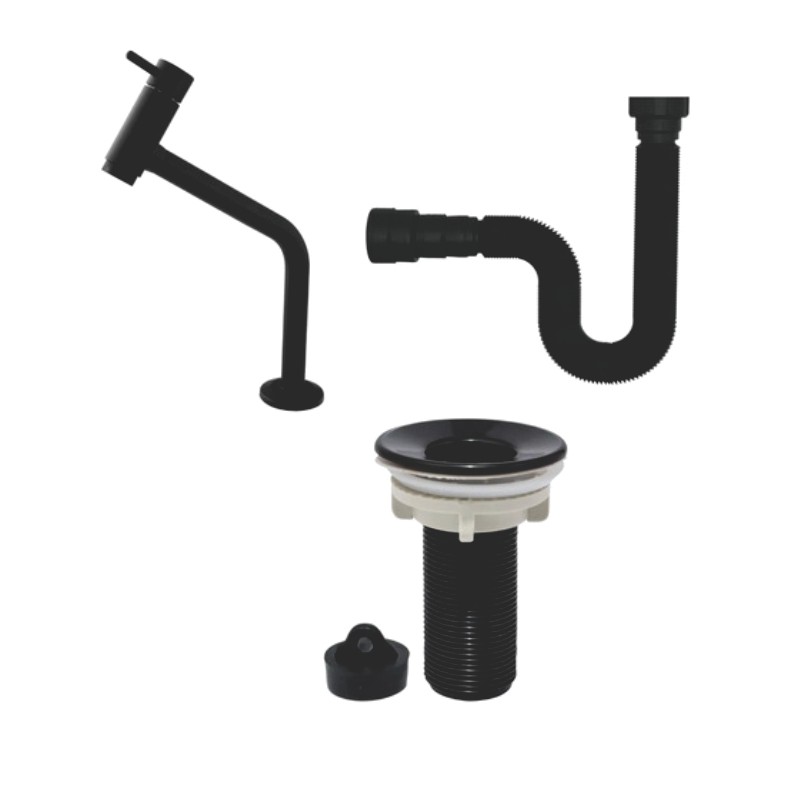 Kit Torneira Link para Cuba Abs Preto e Válvula 7/8 Abs Luxo Preto e Sifão Preto Universal