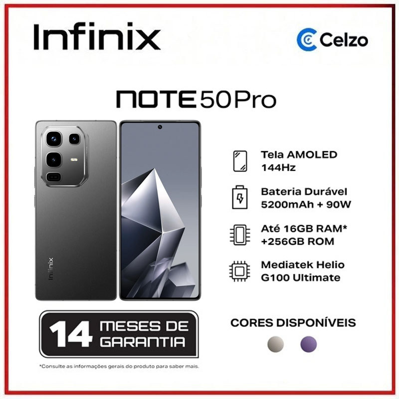 Smartphone Infinix Note 50 Pro 256GB 8GB RAM  NFC Prata Racing + Carregador Sem Fio - Preto