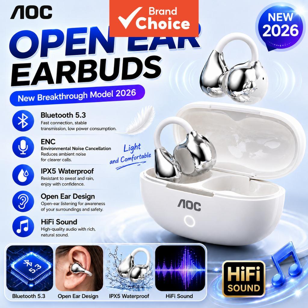 AOC Fones de Ouvido Bluetooth Abertos, Sem Fio, Clipe, Cancelamento de Ruído ENC, À Prova D’Água IPX5, HiFi, Esportivos