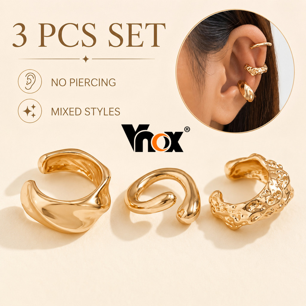 Vnox Minimalista Ouro Plissado Hoop Geométrico Ear Cuffs 3-Pack , Clipes De Orelha Curvos Não Piercing Para Ela