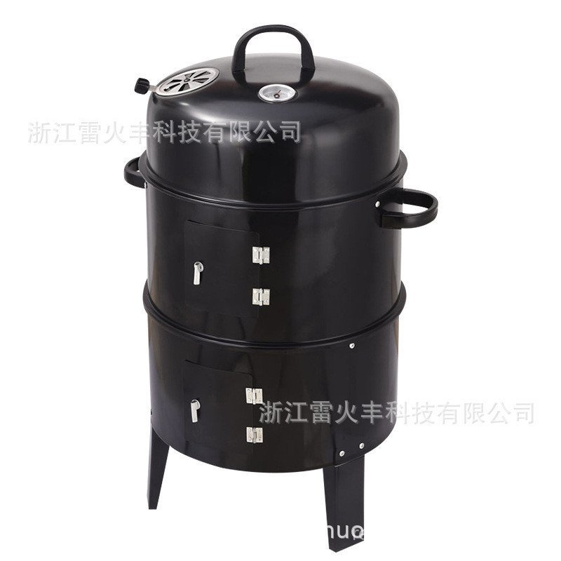 Defumador preto três em um para pátio externo, forno de cozimento, churrasqueira, defumador redondo, churrasqueira a car