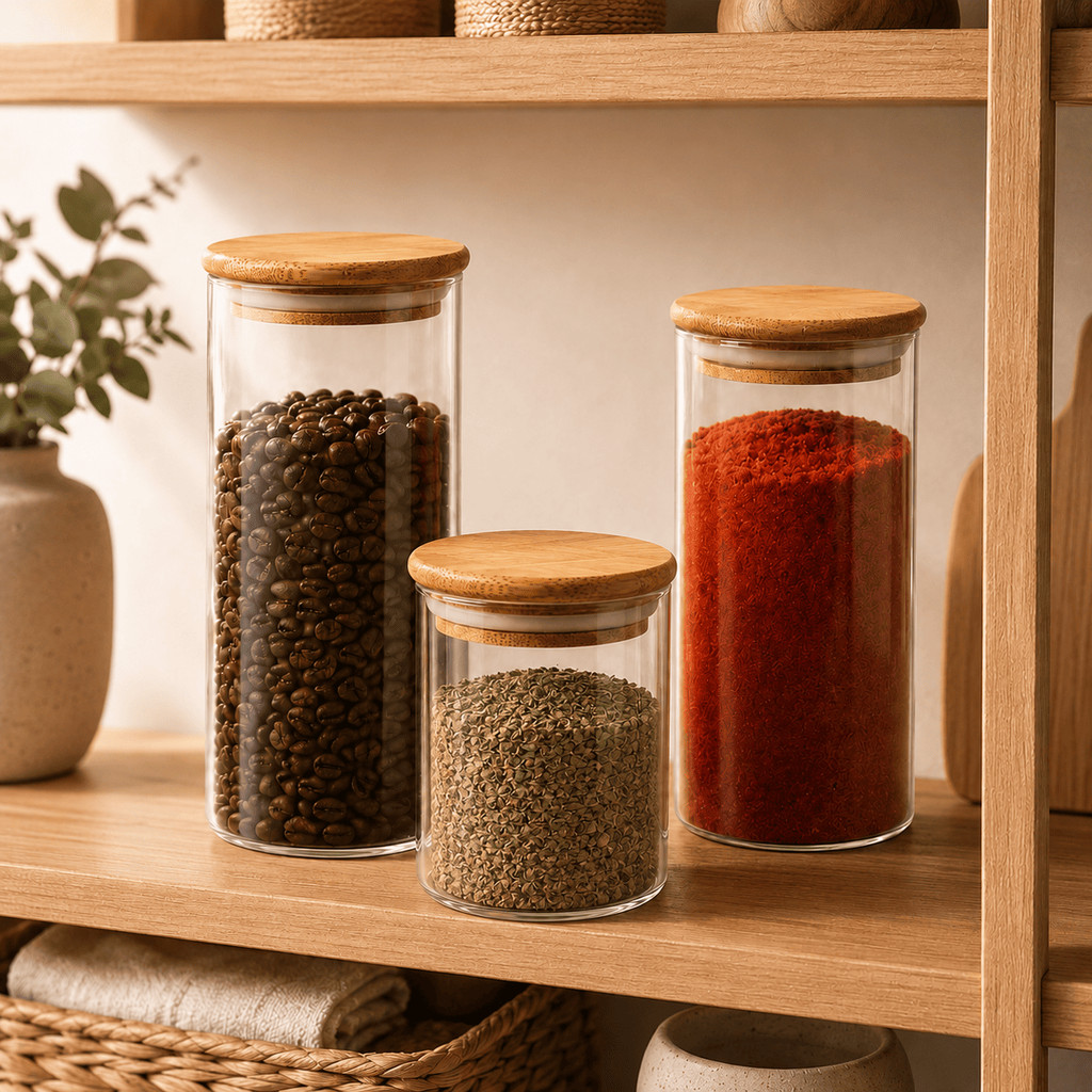 Potes Vidro Herméticos Tampa Bambu Kit 4 Peças Mantimentos Temperos Cozinha Organizador CHEF D